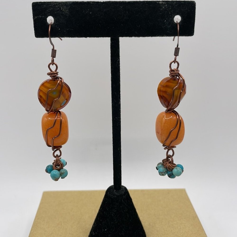 Copper Wrapped Orange Quartz Glass Faux Turquoise Beaded Drop Pierced Earrings